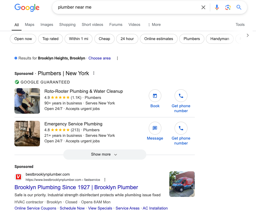 Example search for plumber in brooklyn